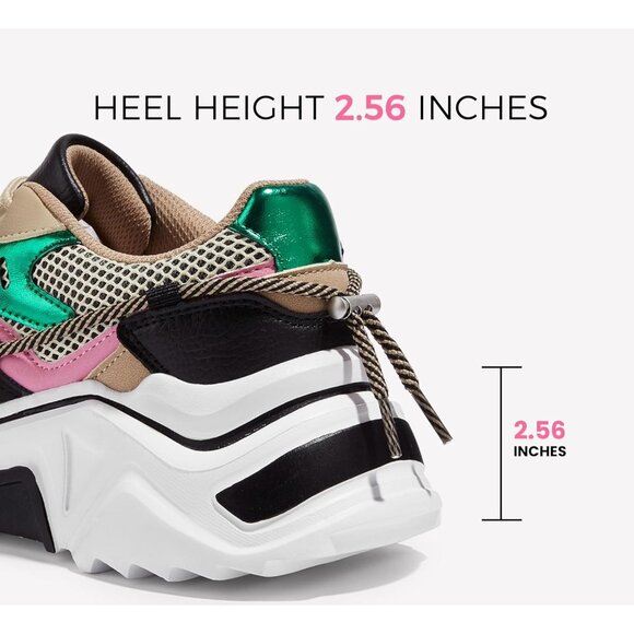 Brand New Women Black/Green PU+Mesh Chunky Dad Sneakers TPE Sole Retro - Picture 3 of 9